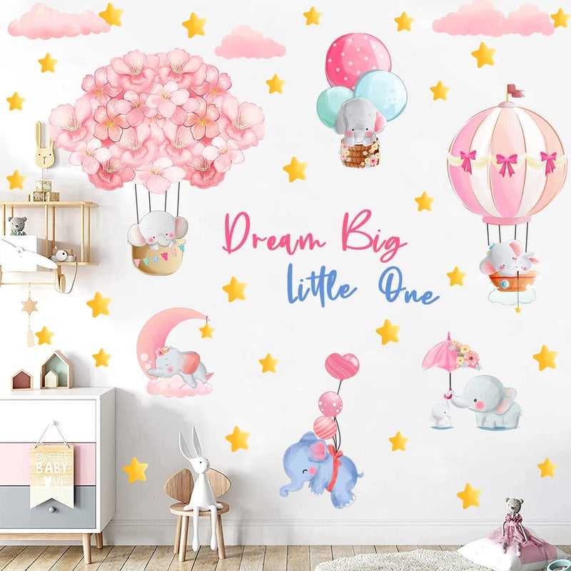 KOKOLAP Dream Big Little One Wall Stickers,Pink Elephant Wall Decals Nursery Decor,Flowers Hot Air Balloon Wall Sticker Baby Girl Room Decor,Cloud Stars Wall Decal for Kids Room Bedroom Playroom Decor - Image 2